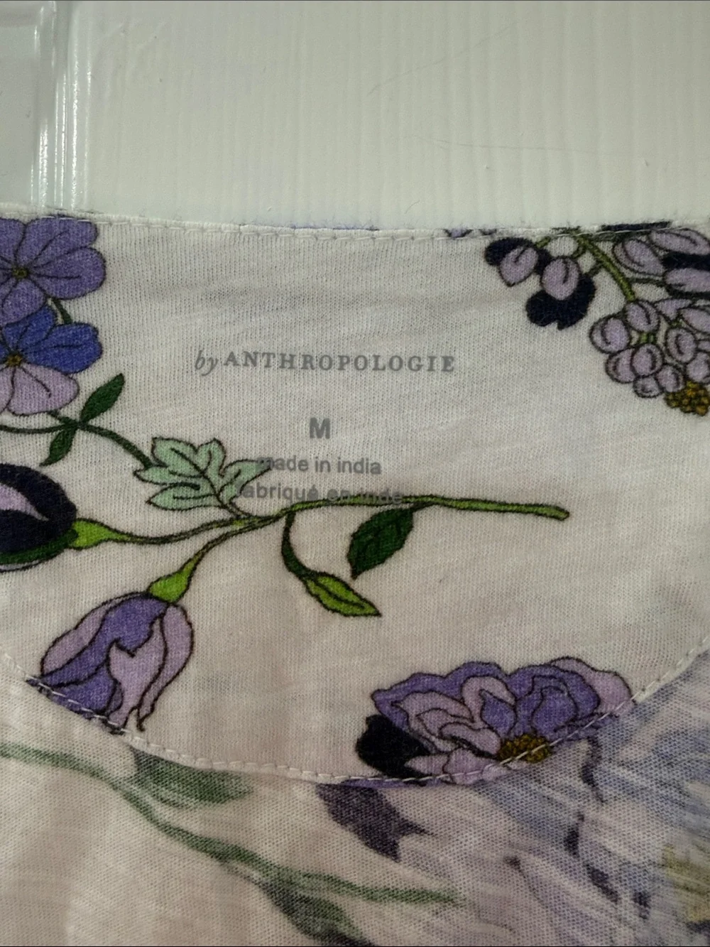 Anthropologie White Top with Purple Floral Print - Size M